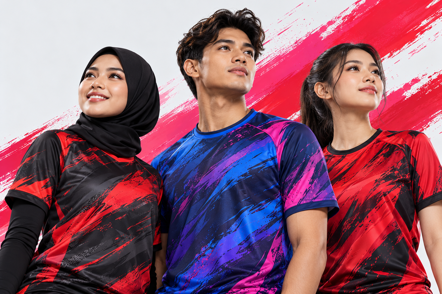 Three models wearing colourful custom sports jerseys
